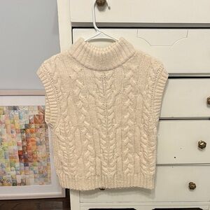 Sleeveless Cable Knit Turtleneck Sweater Vest - Cream